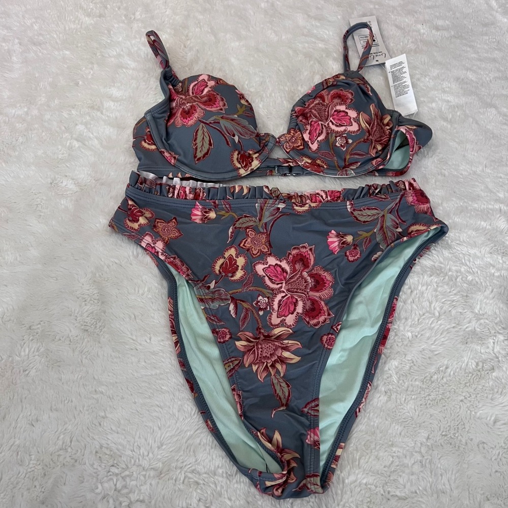Cupshe Womens Floral Underwire High Waisted Ruffle Bikini Set Blue Pink M NEW